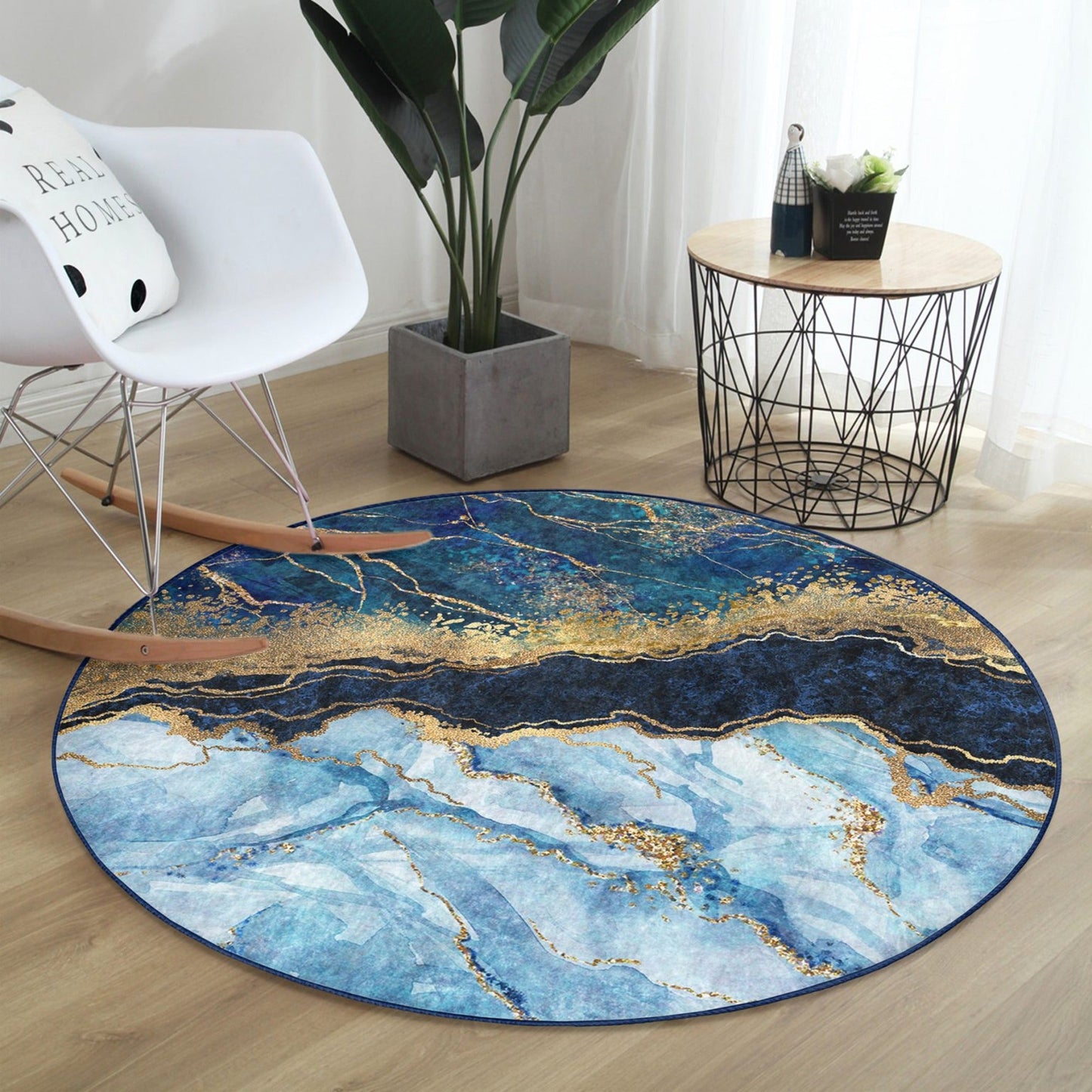 Blue Marble Patterned Round Rug, Non Slip Blue Area rug, Living Room