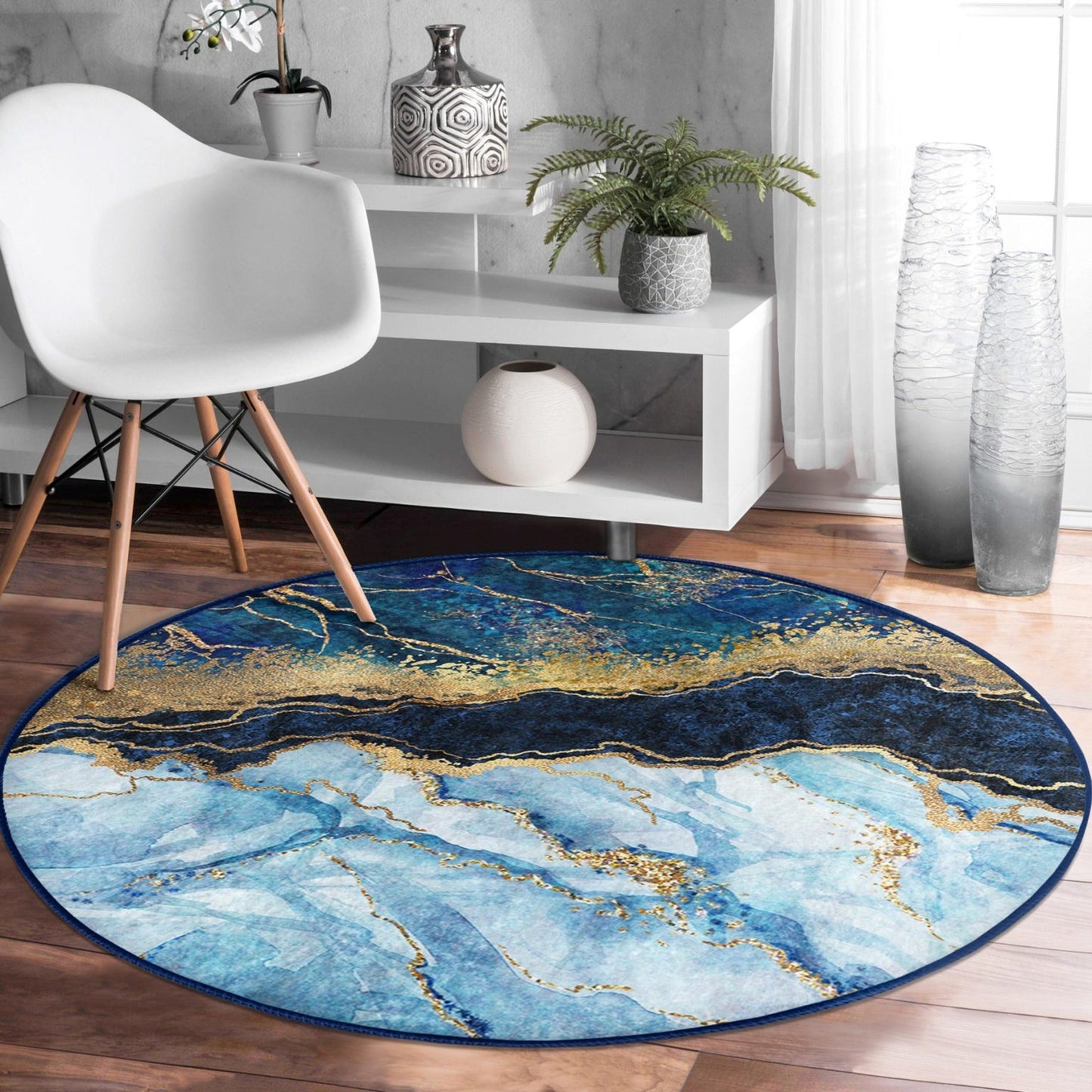 Blue Marble Patterned Round Rug, Non Slip Blue Area rug, Living Room