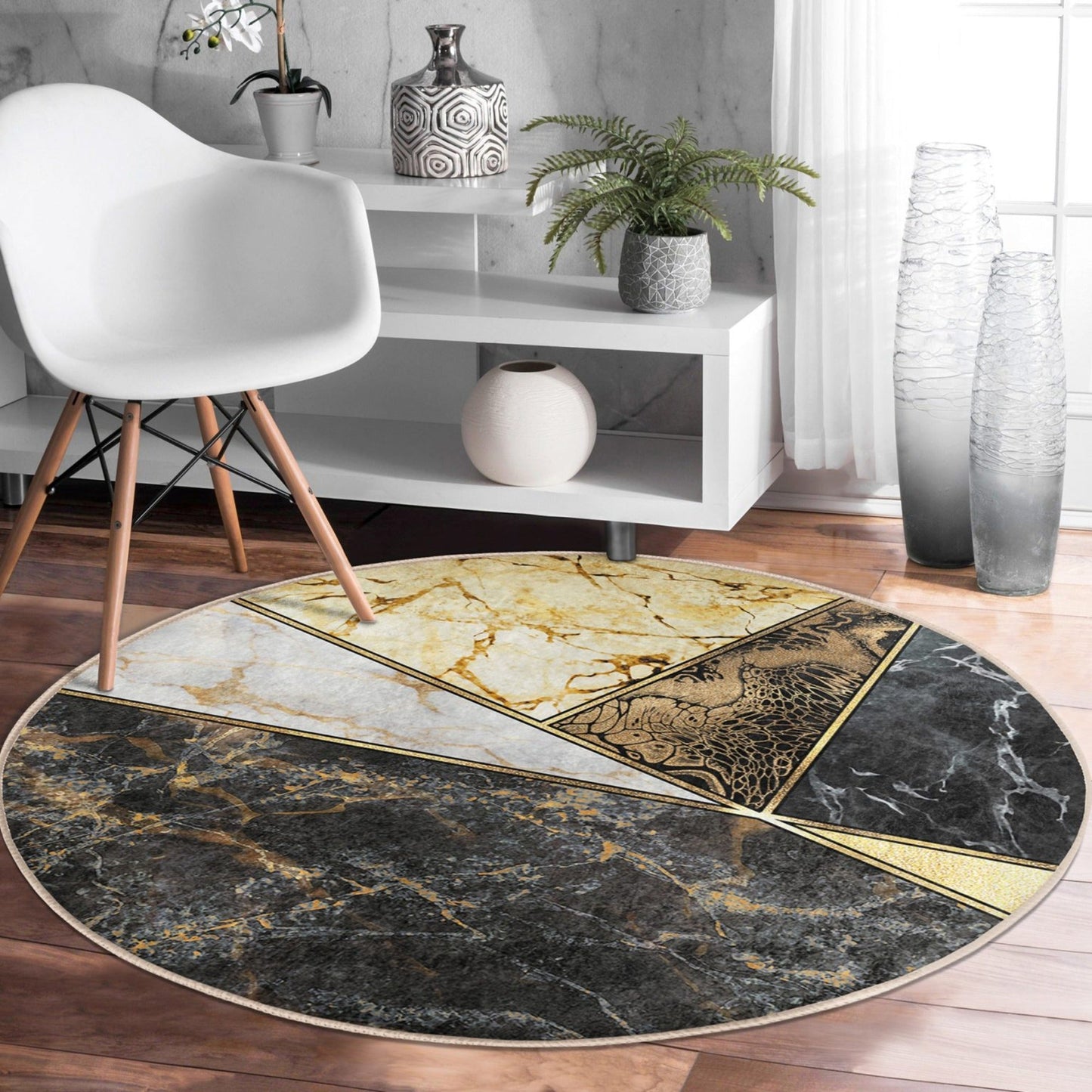 Luxury Marble Patterned Living Room Round Rug, Marble Decorative Floor