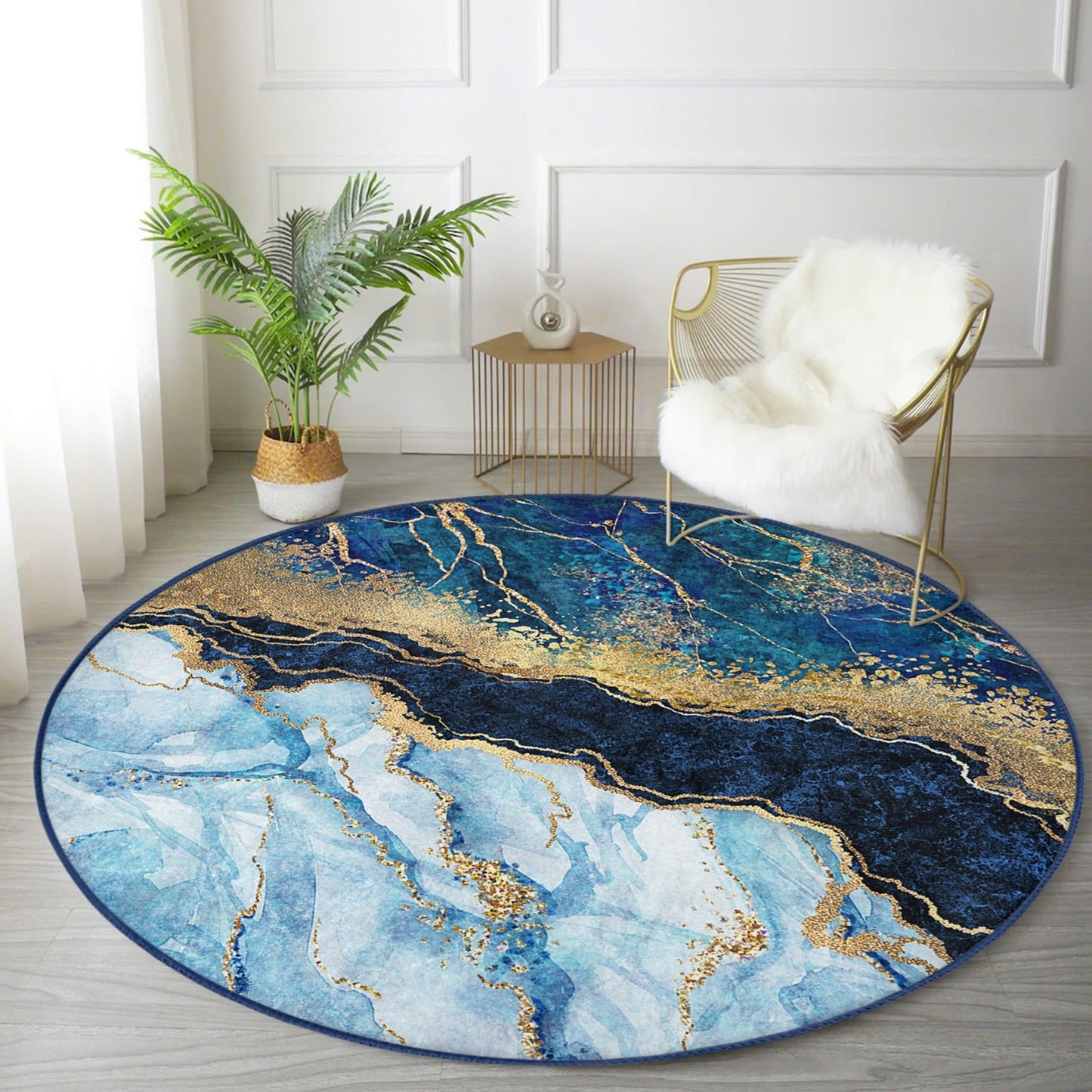 Blue Marble Patterned Round Rug, Non Slip Blue Area rug, Living Room