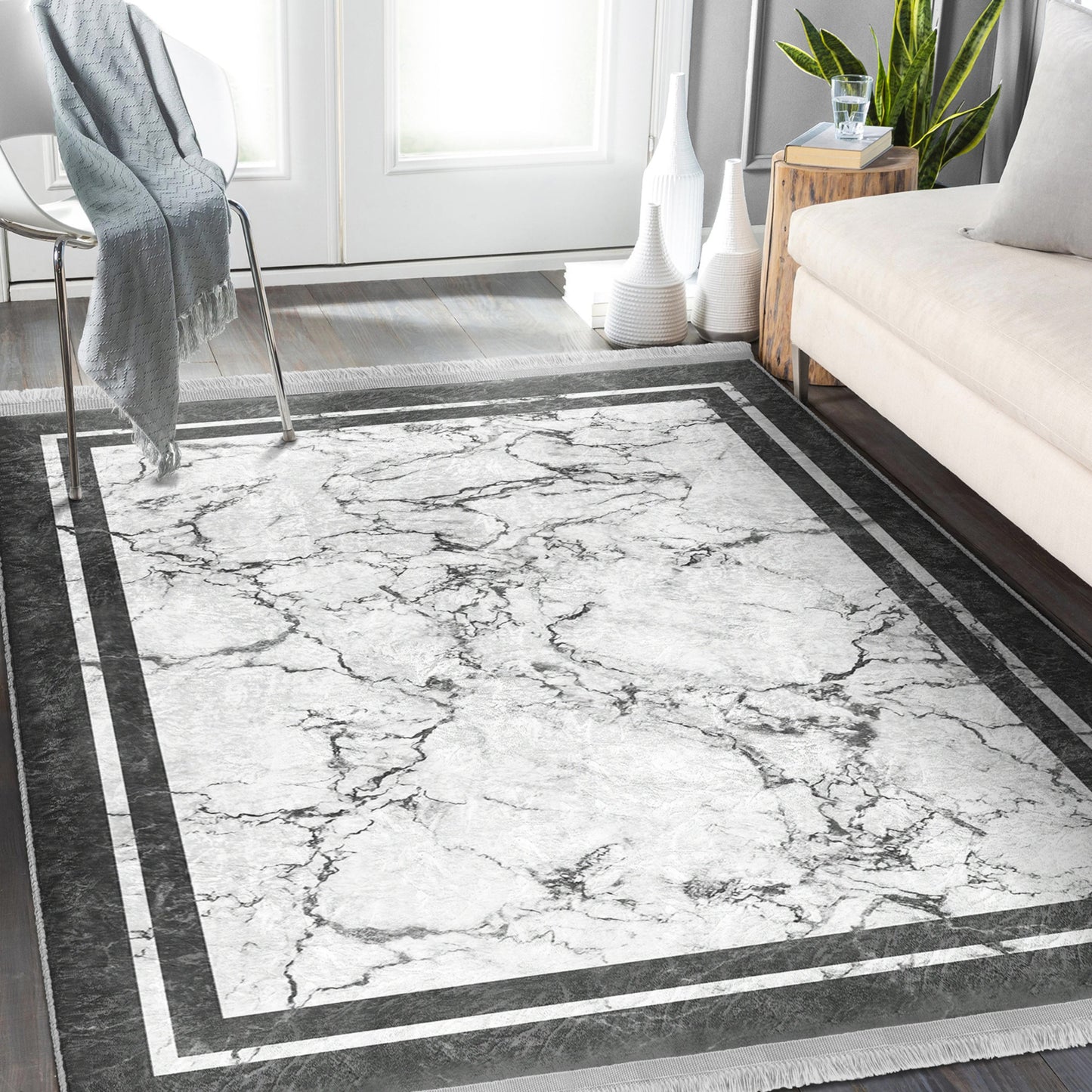 White Marble Design Washable Area Rug | Homeezone