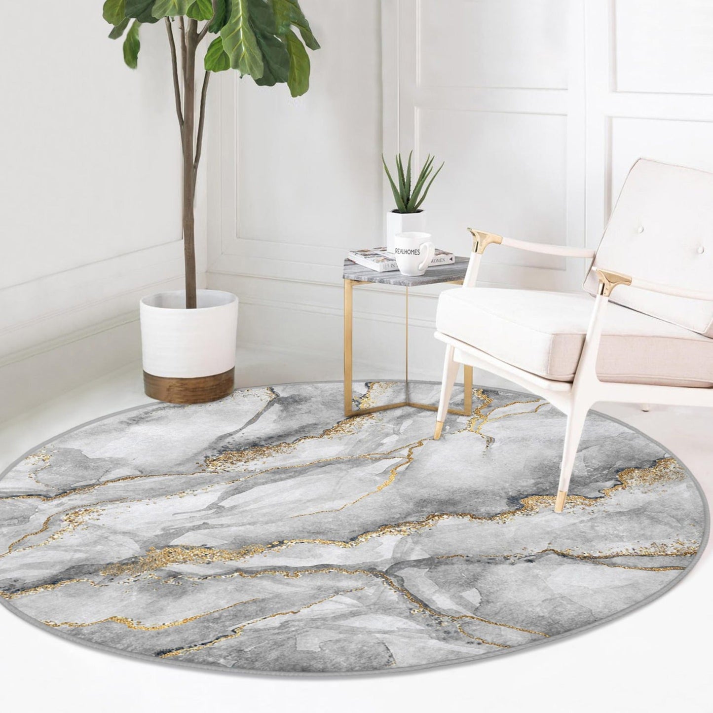 Grey Marble Design Home Decoration Washable Round Rug | Homeezone