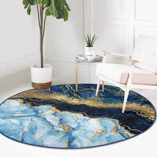 Blue Marble Patterned Round Rug, Non Slip Blue Area rug, Living Room