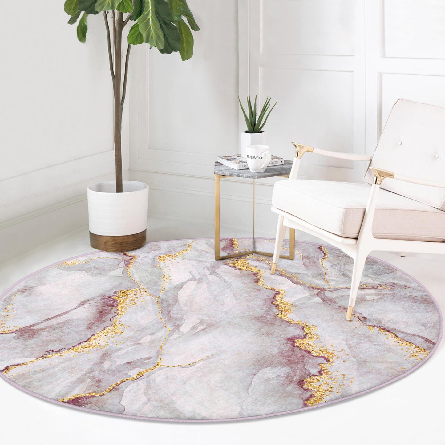 Marble Area Rug, Marble Patterned Circle Carpet, Non Slip Floor