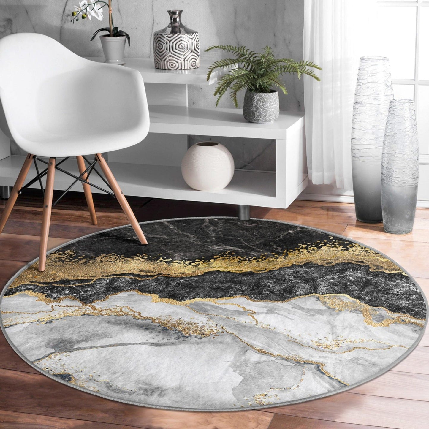 Luxury Marble Patterned Living Room Round Rug, Marble Design