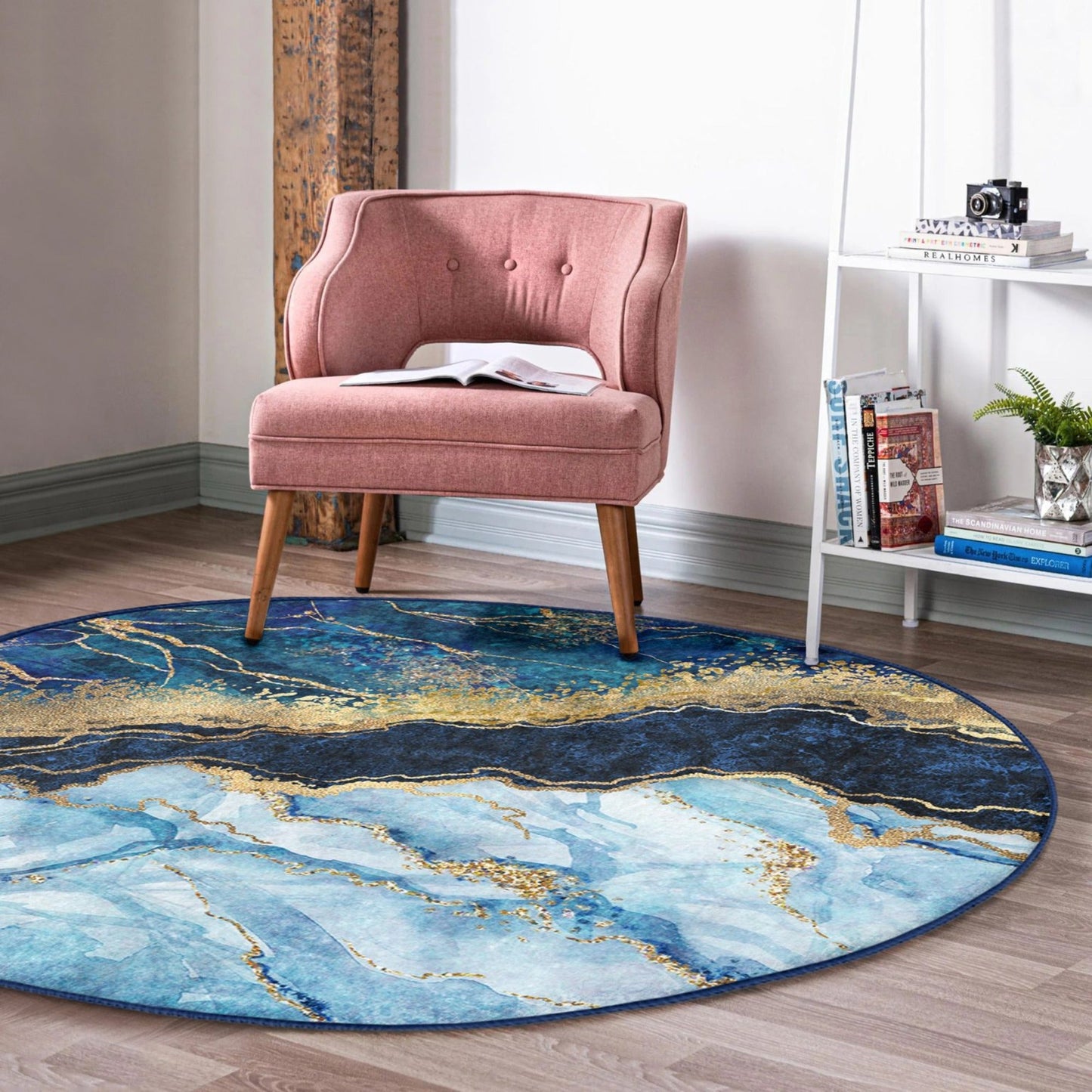 Blue Marble Patterned Round Rug, Non Slip Blue Area rug, Living Room